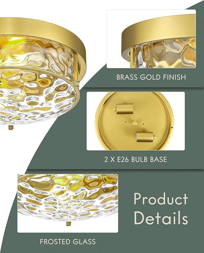 Polished Gold 12" Ceiling Fixture – Hammered Glass, Farmhouse-Inspired Flush Mount for Bedroom, Living Room, or Dining Area - CKCL4822-2W-HGPG