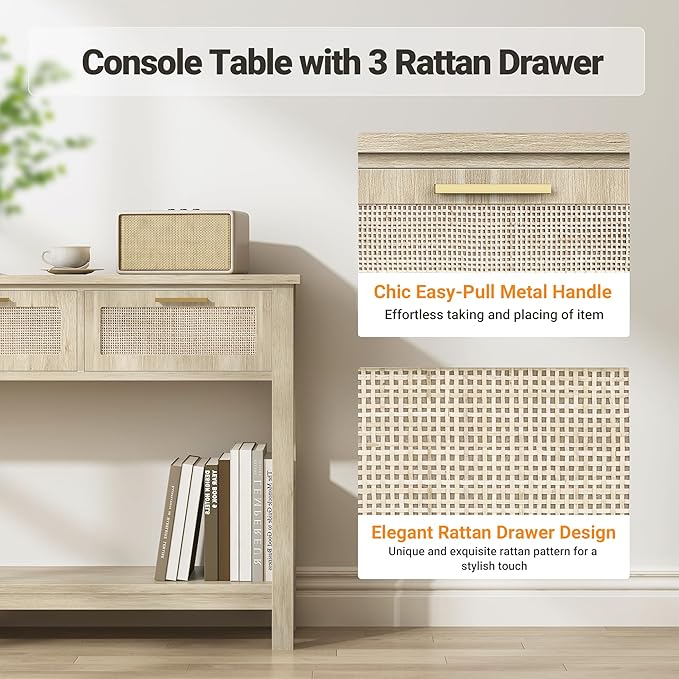 ELYKEN Rattan 51.2" Console Table with 3 Drawer, Entryway Table with Drawer & Shelf, Boho Sofa Table Behind Couch Foyer for Living Room, Hallway, Natural Wood