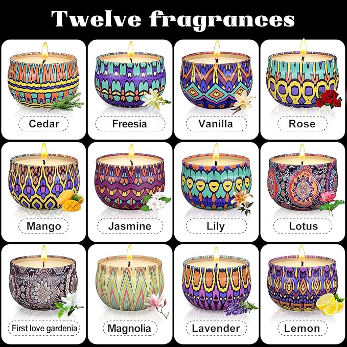 Scented Candles Gift Set, 12 Pack Candles for Home Scented, 300 Hour Long Lasting Soy Candle, Birthday Gifts for Women, Aromatherapy Candle for Stress Relief, Relaxation, Bath, Yoga