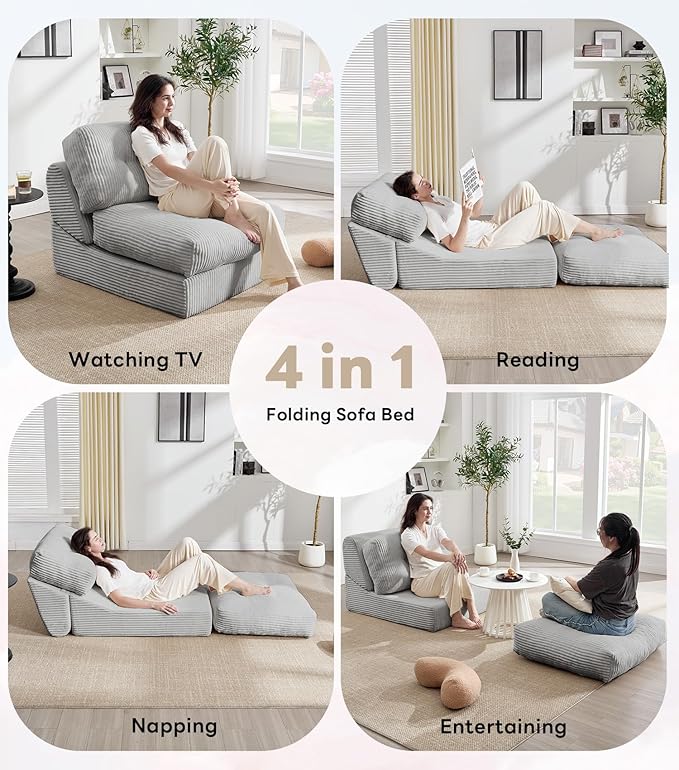 Tbfit 35.8'' Folding Sofa Bed, Convertible Sleeper Chair with Large Pillow, Corduroy Folding Couch Bed, Portable & Foldable Mattress Boneless Floor Sofa Set of 2, Grey