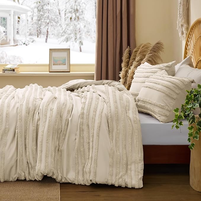 BEDELITE Boho Comforter Set Queen Size, Beige Tufted Striped Bed Set 3 Pieces, Soft Vintage Farmhouse Comforter for All Seasons, Boho Home Decor,Fluffy Jacquard Bedding with 2 Pillow Shams