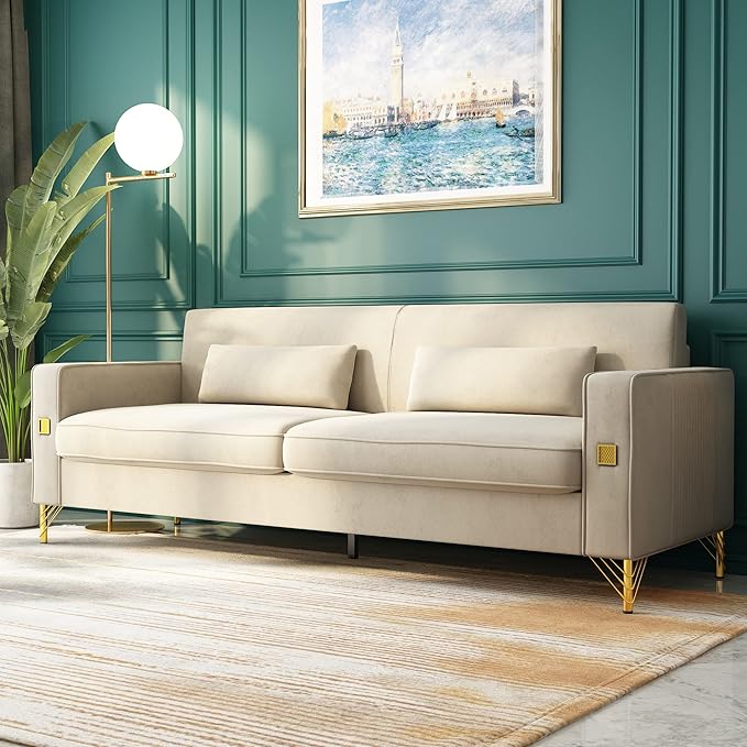 2PCS 85.63" Beige Velvet Sofa,Modern Loveseat Couch with Pillows Set of 2 for Living Room,Bedroom,Apartment Furniture with Gold Metal Legs