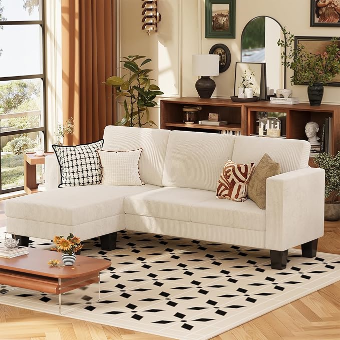 VICTONE Convertible Sectional Sofa Couch, 3 Seat L-Shaped Sofa with Linen Fabric Ottoman Small Couch for Small Apartments, Living Room and Office (Corduroy, Cream)