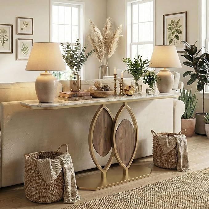 Stone Console Table Gold for Entryway, Modern Foyer Table Sofa Tables Narrow Long Stone Top for Living Room, Hallway Decor, Creative Styling(Gray,59"x11.8"x31.5")