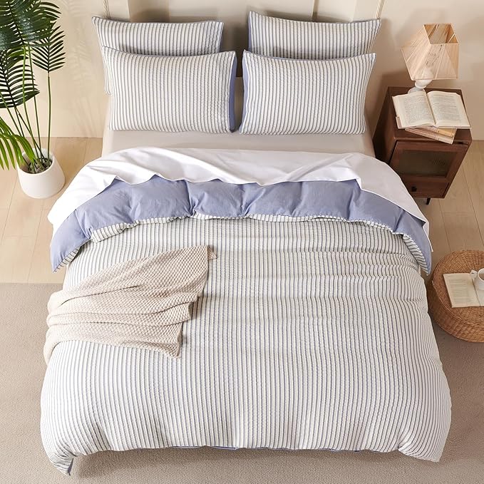Striped Comforter Queen Blue Soft Luxury Washed Microfiber Jacquard 3 Pieces Bedding, White Blue Vertical Ticking Stripes Pattern Comforter with 2 Pillowcases Breathable Durable Comfy