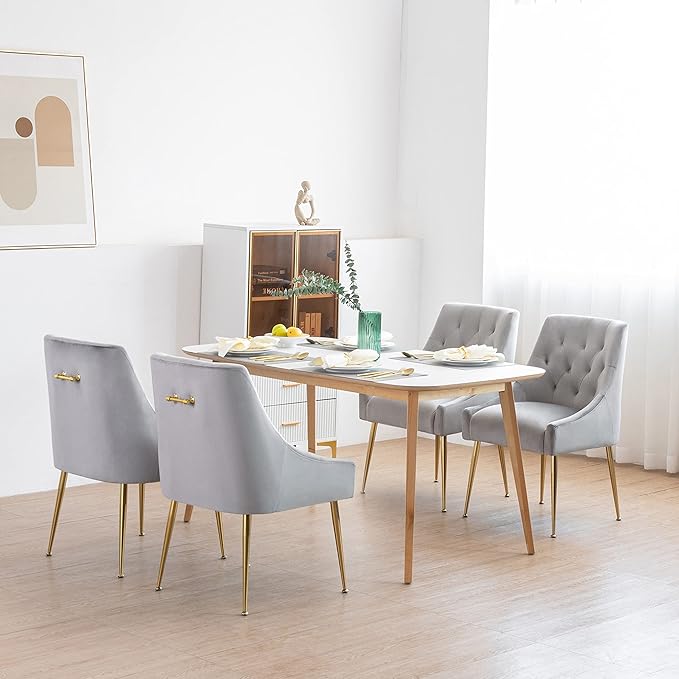 Modern Dining Chairs Set of 2, Mid Century Dining Chairs with 5.12” Cushions and Golden Legs, Velvet Upholstered Dining with Back Pull Rod, for Kitchen, Living Room, Grey