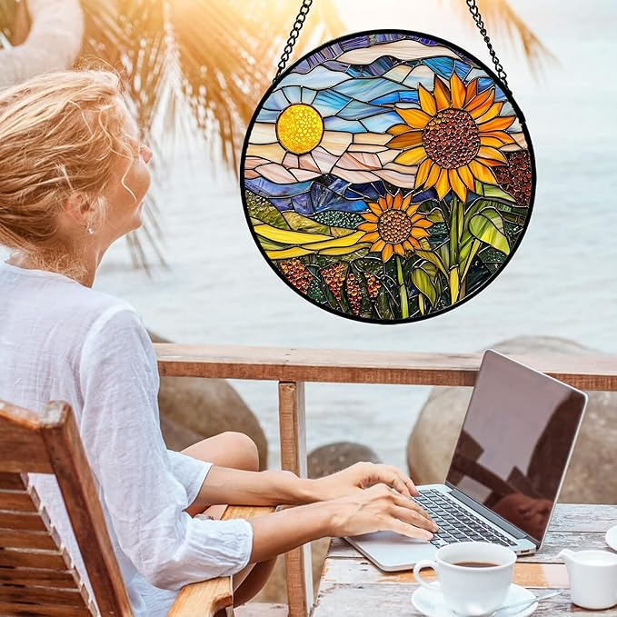 Stained Glass Suncatcher, Sunflower Flowers Landscape Sun Catcher Plant Mountains Stain Glass Window Hanging Decoration Mother's Day Birthday Gifts for Women Men Mom Nana 9.8 in