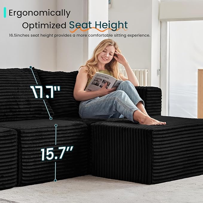 156" U Shaped Cloud Couch Sectional Couch with Deep Seat, 7 Seater Corduroy Modular Couches, Boneless Sofa with Removable Ottoman, Sectional Couches for Living Room, No Assembly Required, Black