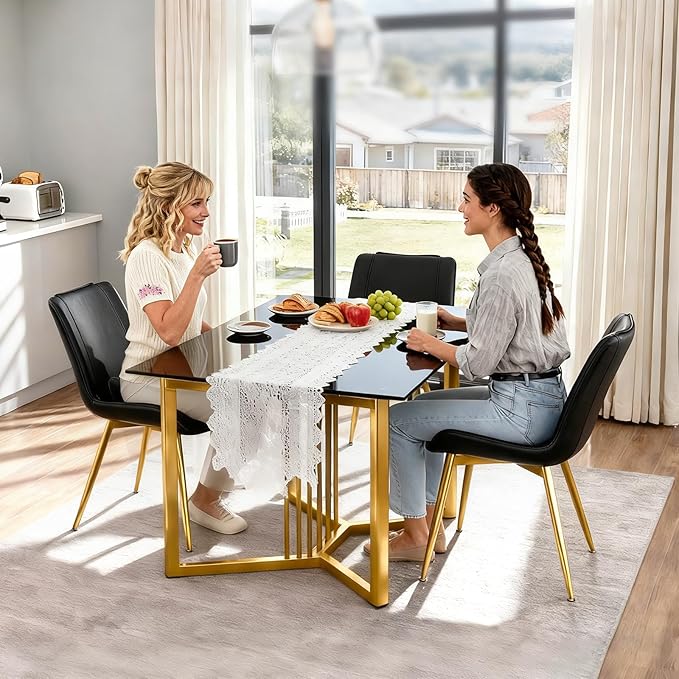 Brage Living Dining Chairs Set of 2, PU Leather Modern Armless Kitchen Dining Room Chairs, Upholstered Accent Side Chairs with Metal Legs (Black, Gold Legs)