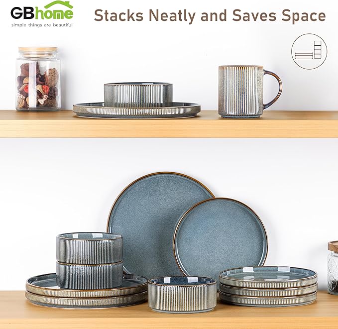 GBHOME Stoneware Dinnerware Sets for 4,Round Reactive Glaze Ceramic Plates and Bowls Set,Highly Scratch Resistant| Dishwasher & Microwave Safe Dishes Set,Service for 4(12pcs)