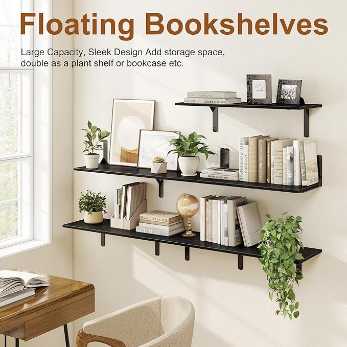 16" W x 12" D Black Floating Shelves for Wall, 12 Inch Deep Floating Shelf with Visible Bracket, Rustic Wood Bookshelf Wall Mounted, Deep Bathroom Shelves for Storage, Set of 2