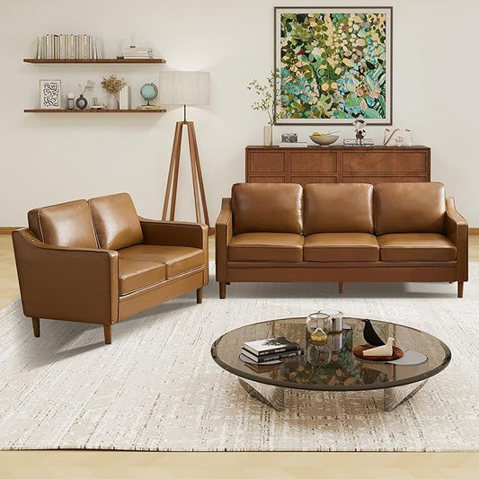 Kingfun Living Room Furniture Sets, 3 Seater Couch and Loveseat, Mid Century Modern Sofa Set, Faux Leather Couch with Solid Wood Frame for Living Room & Bedroom, Brown