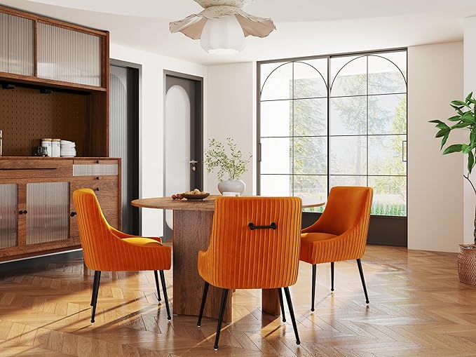Velvet Dining Chairs Set of 8,Orange Upholstered Living Room Chairs with Black Metal Legs, Modern Tufted Accent Chairs for Living Room, Study Room, Kitchen