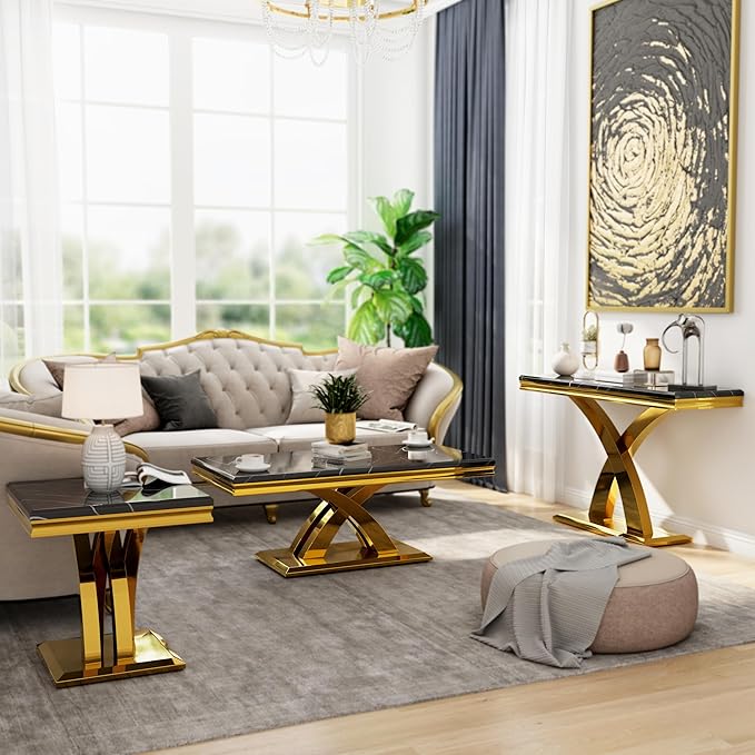 AUZ Black Gold Coffee Table Set of 2, Living Room Table Set with X- Shape Design Polished Stainless Steel Frame
