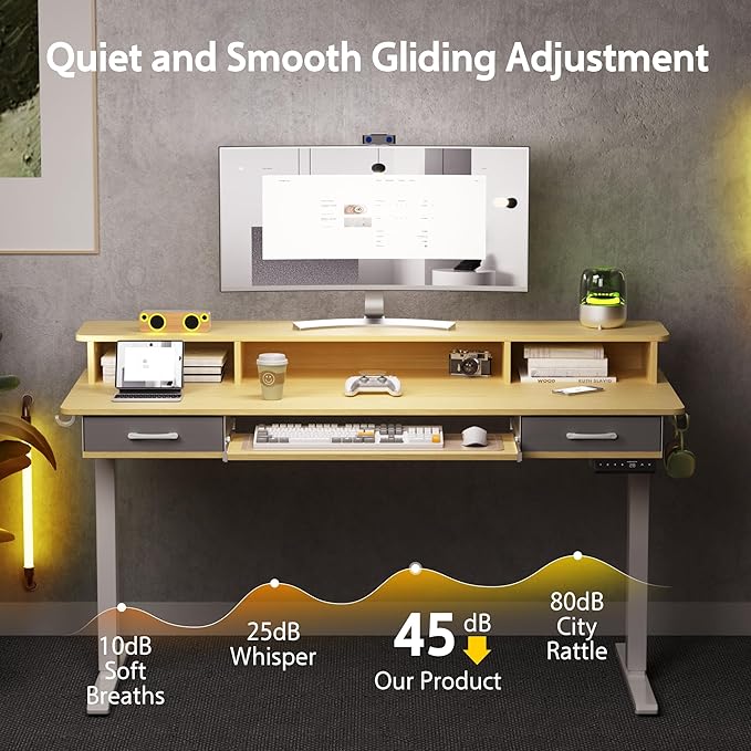 55 Inches Electric Standing Desk with Keyboard Tray, Height Adjustable Sit to Stand Table with 2 Drawers, Ergonomic Home Office Desk with Storage Shelf, Computer Table, Oak