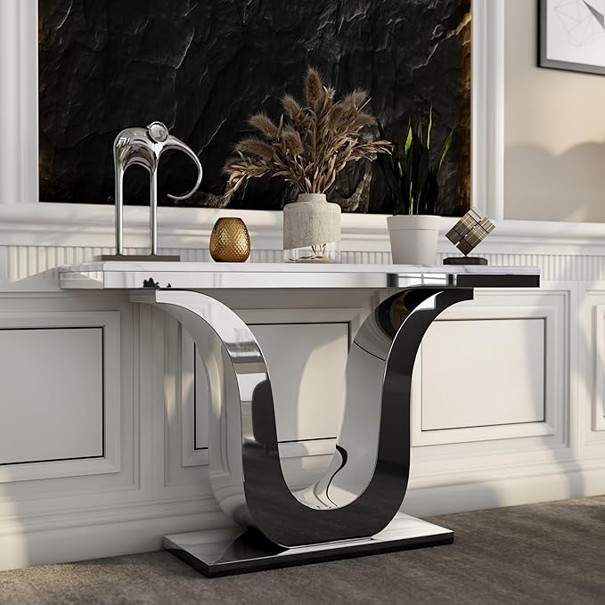 Silver Console Table, White and Silver Living Room Sofa Table, 50" Modern Console Table for Entryway, Living Room, Office, Foyer, Front Hall, Hallway