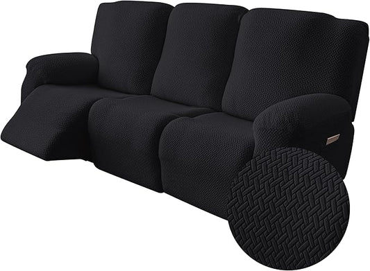 Genina Recliner Sofa Covers - Stretch Reclining Couch Covers with Stripe Jacquard - 3 Seat Cushion Slipcovers with Soft Fabric - Furniture Protector for Pet Kid (Black)