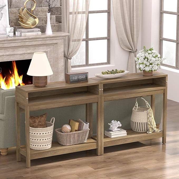 Foldable 38" Console Table with Charging Station & Storage, Side Table with Charging, Entryway Table with Anti-Tip Design,Rustic,Rustic Brown