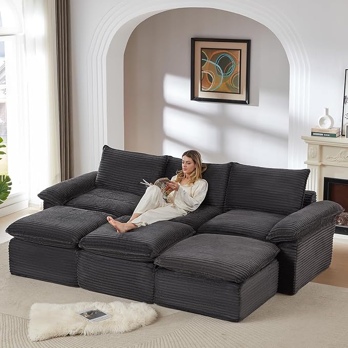 111" Cloud Sectional Couch, Corduroy Sectional Sofa with Ottoman, Boneless Couch with Deep Seat in a Box for Living Room, No Assembly Required (Dark Grey)