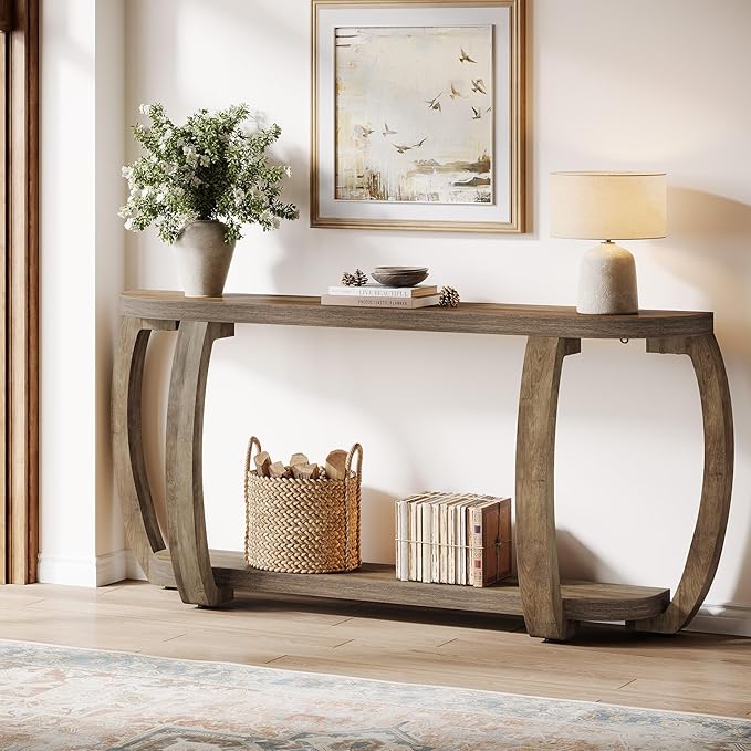 Tribesigns Farmhouse Wooden Console Table with Open Shelf, 63-Inch Long Sofa Entryway Table with Curved Legs for Living Room, Hallway, Entrance