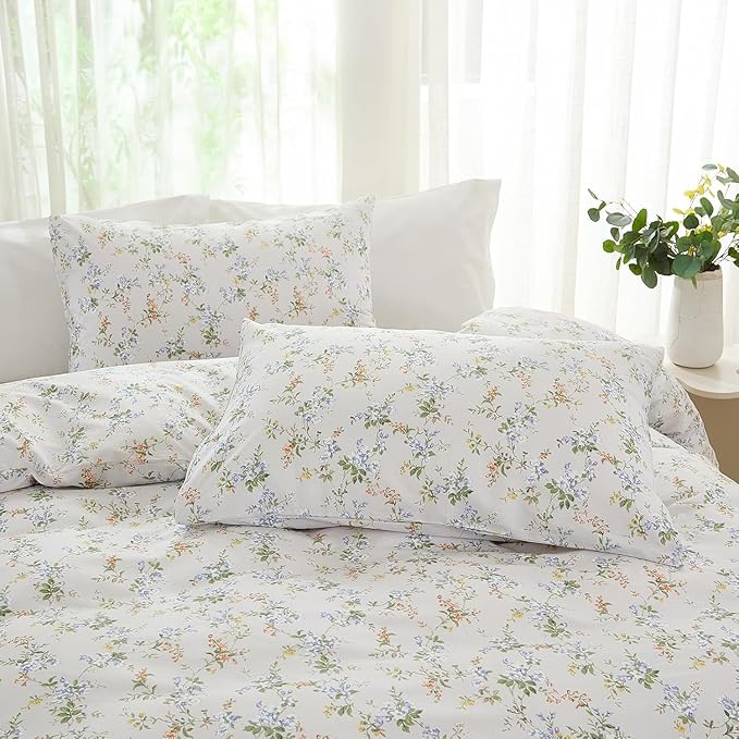 EAVD Vintage Style Garden Floral Comforter Set King Soft Microfiber Chic Shabby Green Leaves Colorful Floral Bedding Set with 2 Pillowcases Fresh Botanical Comforter Set for All-Season