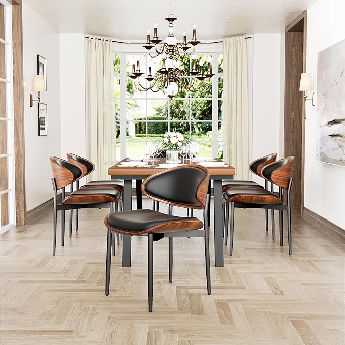 Dining Chairs Set of 6, Dining Room and Kitchen Chairs, Mid Century Modern Retro Chair, Upholstered PU Leather Chairs for Vanity with Walnut Bentwood and Metal Legs (Black)