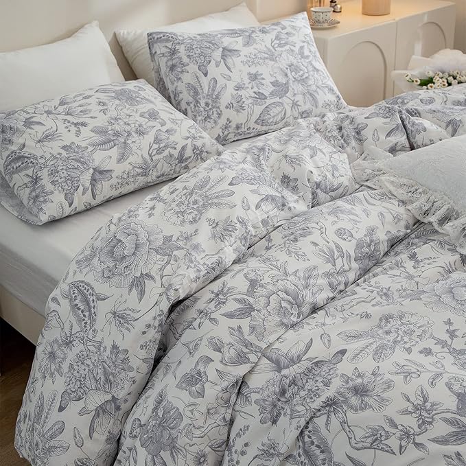 Queen Comforter Set Floral 3 Pieces Soft Bedding Comforter Set Garden Style Vintage Floral Botanical Flower Comforter Set for All Seasons 1 Comforter and 2 Pillowcases (Flower, Queen)