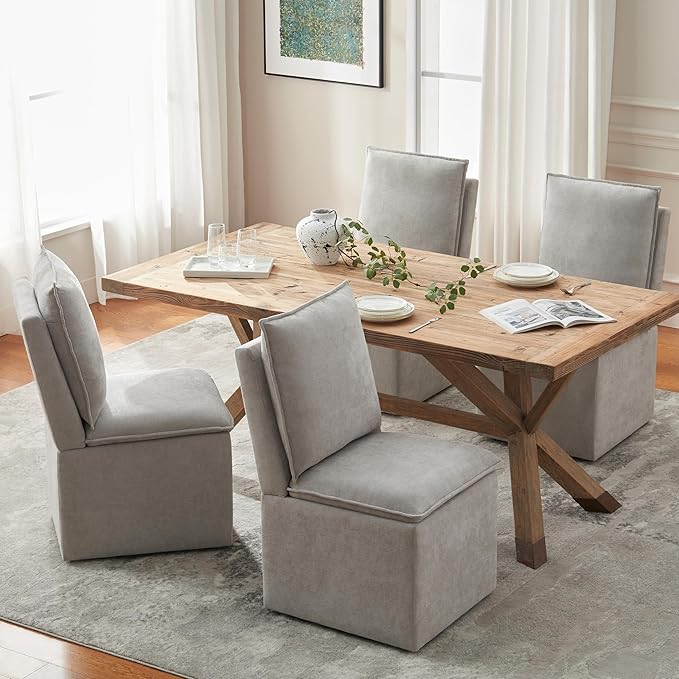 VKNOW Upholstered Dining Chairs Set of 4, Modern Rolling Chairs with Storage and Wheels, Linen Armless Chair with Cushion and Backrest, Dining Room Chairs for Living Room Kitchen Bedroom, Light Grey