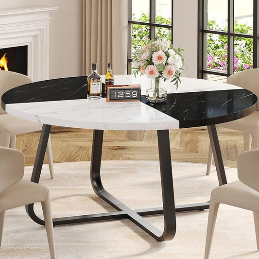 LVB Round Marble Dining Table, Modern Wood Metal Kitchen Dining Table, Industrial Small Dinner Room Table for 4 to 6 People for Living Room, Home, Apartment,Black and White Marble, 42 Inch