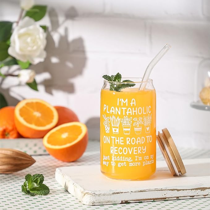 SUPREME LIGHTS ·2017· Gifts for Plant Lovers, Cool Gifts for Plantaholic, 16 oz Plantaholic Iced Coffee Glass Cup, Gardener Mug, Flower Planting Gift for Gardeners Women, Gardening Gift for Women Men
