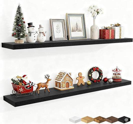 Fun Memories 55 Inch Fireplace Mantel Shelf -Long Floating Shelves, Deep Wall Mounted Farmhouse Display Shelves with Invisible Heavy Duty Metal Bracket, Black, 2 Pack