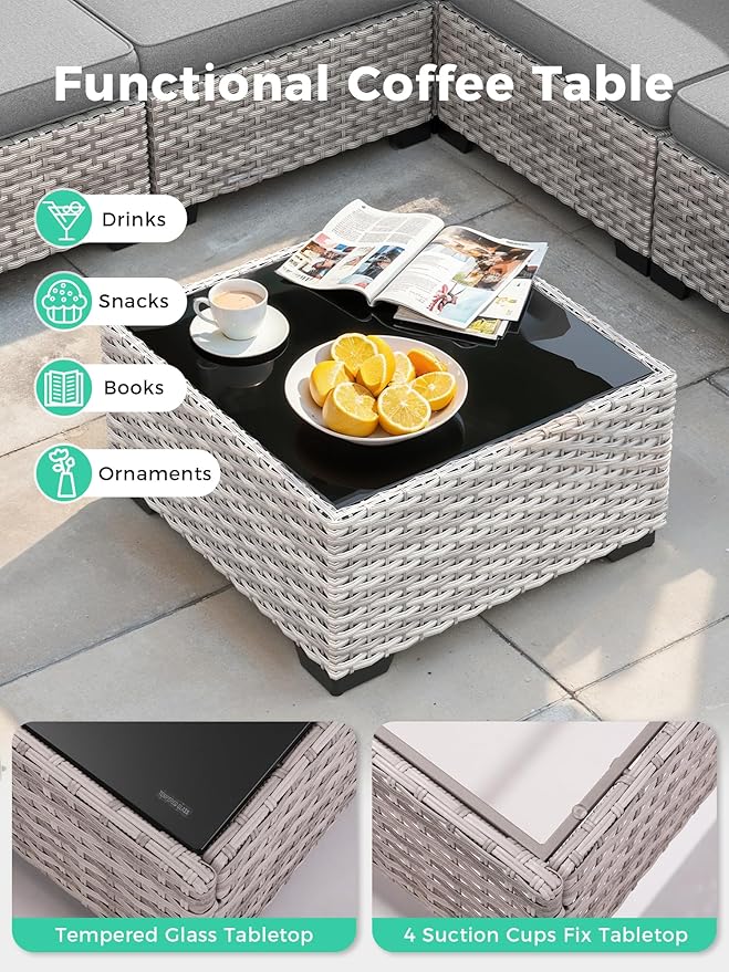 6 Piece Outdoor Wicker Rattan Sectional Sofa Set, 5-Seats Patio Furniture Conversation Set with 4" Thickened Cushions & Coffee Table, All-Weather PE Rattan for Garden, Backyard, Porch, Grey