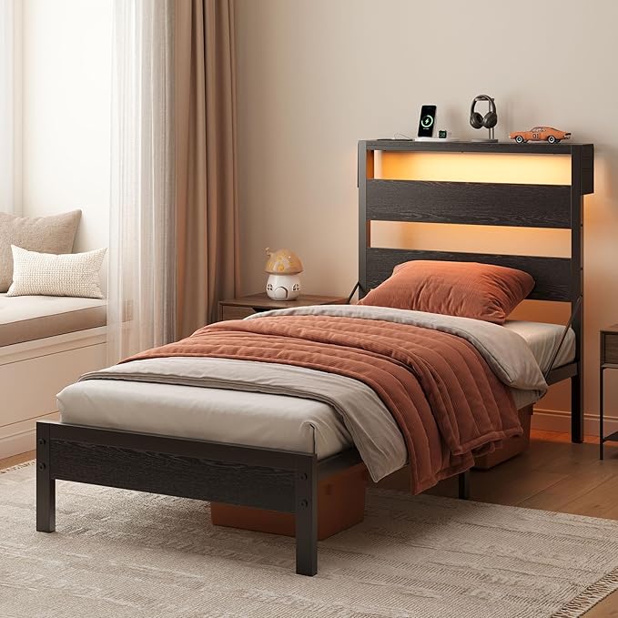 Bestier Twin Bed Frame with Storage Headboard and Charging Station, Black Platform Bed Frame with LED Light, Non-Slip Metal Bed Frame, Noise-Free, Easy Assembly