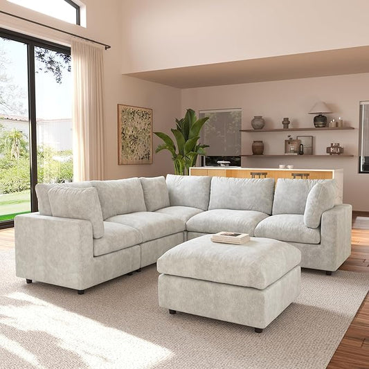 JACH V Shape Sectional Couches with Chaise Ottoman, Convertible Modular Sofa, Cloud Sectional Couch, Sofa Covers Washable, Minimalist Couch for Living Room, Apartment, Beige