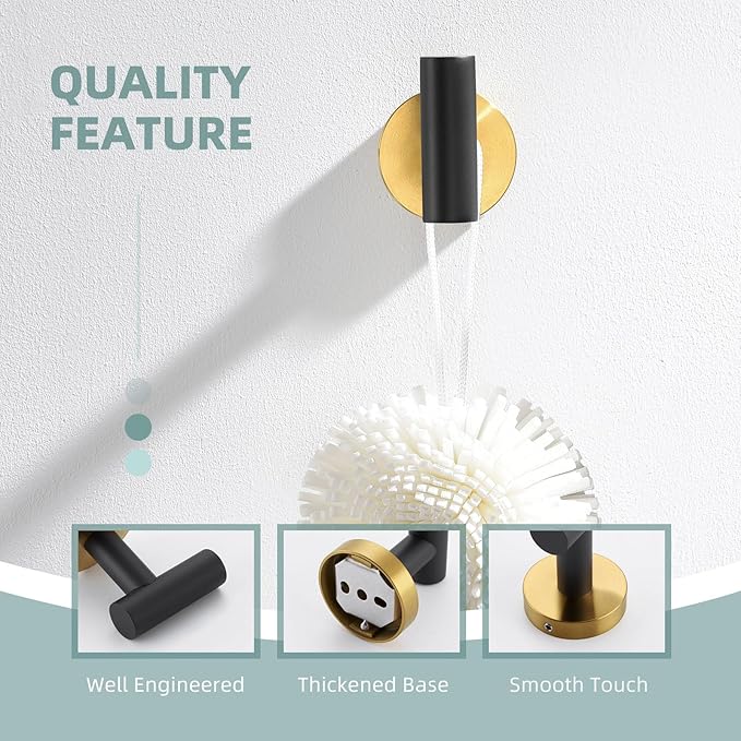 Angle Simple Towel Hook Black & Gold, Stainless Steel Bathroom Towel Holder, Round Clothing Robe Hook Wall Mount