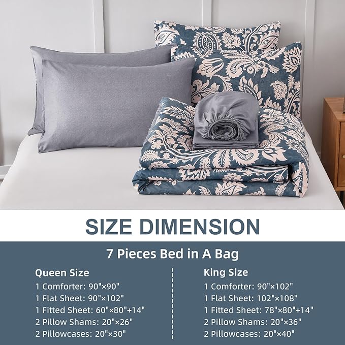 Drucon Paisley Comforter Set King, 7 Pieces Bed in a Bag Boho Comforter Bedding Soft Microfiber King Size Navy Blue Comforter with Sheet & Pillowcases