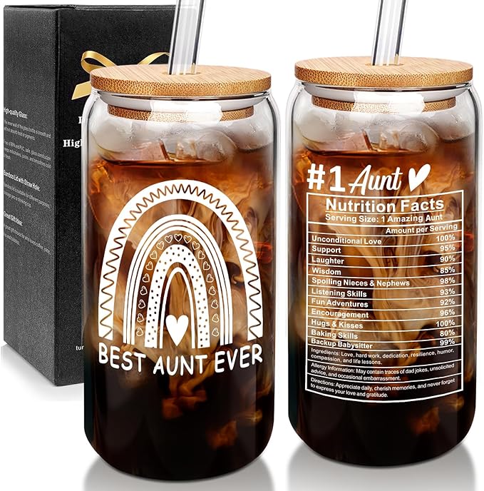 Mason Life Aunt Gifts, Nutritional Facts Glass Cup, 20 OZ Coffee Glass Cup, Best Aunt Ever Gifts from Niece,Nephew Birthday Gift