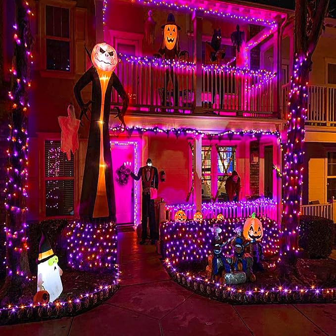 Vivideal 300 LED Christmas Lights Outdoor, 100ft Christmas String Lights Indoor Clear Wire 8 Modes Waterproof Plug in String Light for Tree Party Garden Decorations, Purple&Orange