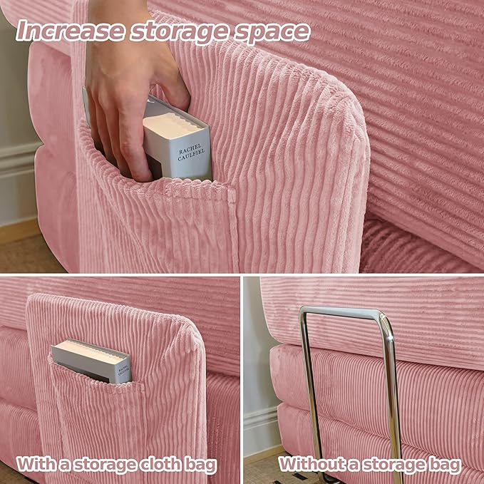 98.4''Convertible Sleeper Sofa Bed,Compressed Floor Boneless Couch,Modular Modern Corduroy Sofa for Living Room Bedroom -with Fixed-Shape Frame and Support Armrest,Easy Assembly(Pink)