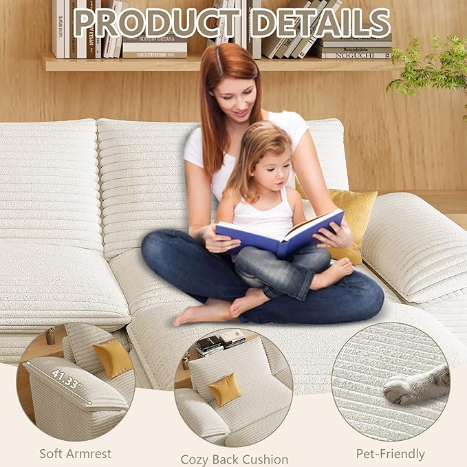 111" Cloud Sectional Couch with U-Shaped Chaise, Corduroy Sectional Sofa with Ottoman, Boneless Couch with Deep Seat in a Box for Living Room, No Assembly Required (White)