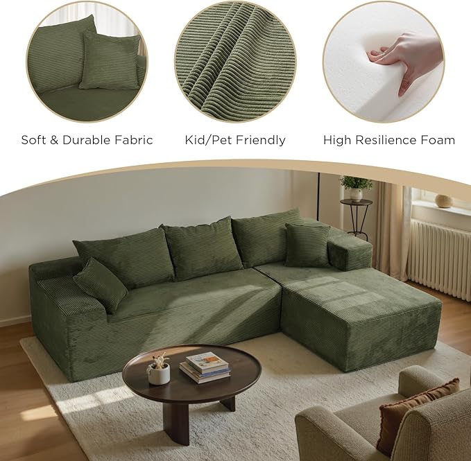 Green Boneless Couches for Living Room – Sectional Cloud Couch in Box, Modular L-Shaped Sofa with Deep Seating for Bedroom Lounge Office, Soft Corduroy Fabric