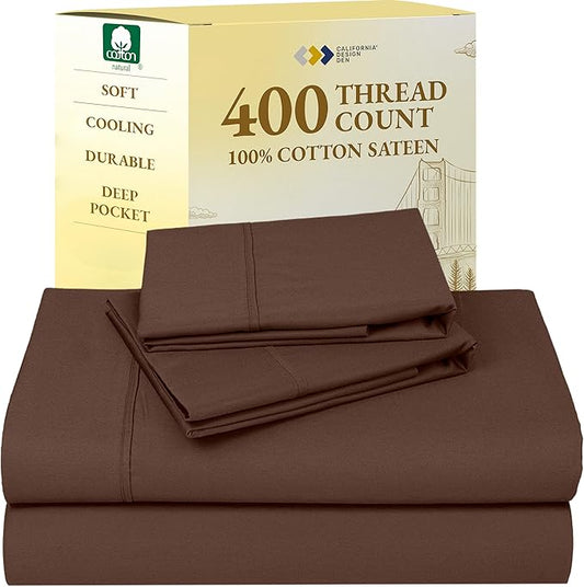 California Design Den Full Size Bed Sheets Set - Soft 400 Thread Count Sateen, Natural 100% Cotton Sheets with Deep Pockets, Breathable, Cooling and Durable Bedding Set - Espresso Chocolate Brown