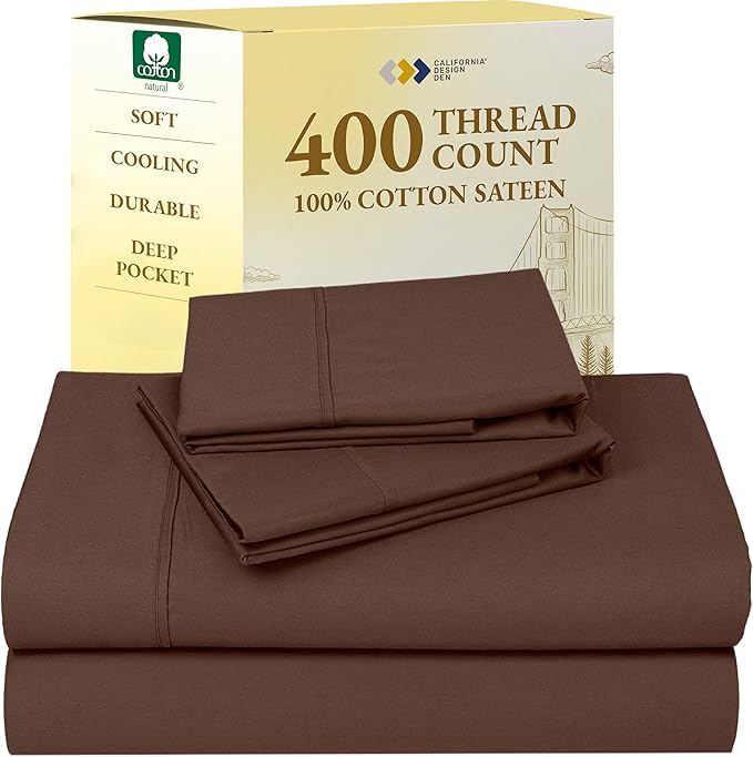 California Design Den Natural 100% Cotton King Size Sheets Set - Soft 400 Thread Count Sateen, Deep Pocket Bed Sheets, Breathable, Cooling and Durable Bedding Set - Espresso Chocolate Brown