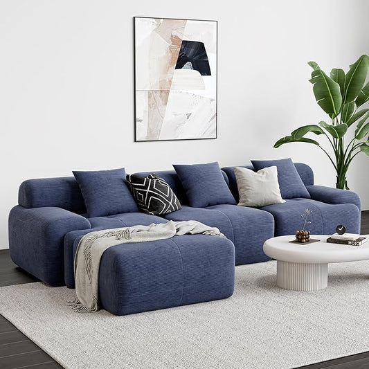 LIKIMIO 118" Modern L-Shaped Modular Sectional Sofa for Living Room, Oversized 3-Seater Cloud Boneless Couch with Deep Seat and Movable Ottoman, Corduroy Upholstery Navy Blue – No Assembly