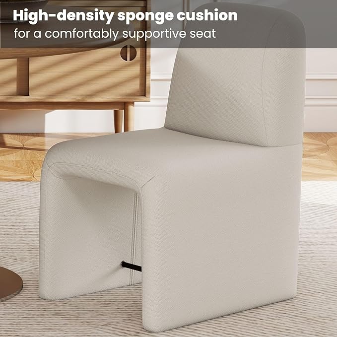 White Upholstered Chenille Dining Chairs Set of 2, Mid Century Modern Dining Room Chairs with Deep Seat & Curved Back, Armless Side Chair Comfy Kitchen Chairs for Living Room/Kitchen