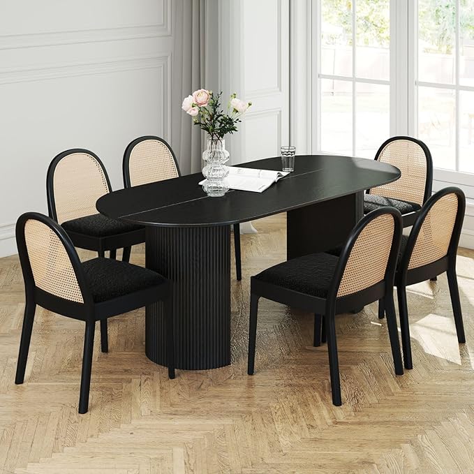 LukeAlon Modern Sherpa Dining Chairs Set of 4, Natural Woven Rattan Cane Back Side Chairs with Solid Wood Legs Mid Century Dinner Chairs for Kitchen Living Room, Black