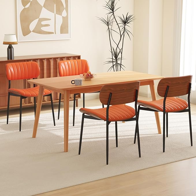 Modern PU Leather Dining Room Chairs Set of 2, Upholstered Kitchen Chairs with Walnut Bentwood Back and Metal Legs Adjustable Feet for Kitchen Dining Room(Orange)