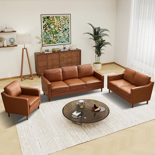 Kingfun Living Room Furniture Sets, 3 Seater Couch, Armchair and Loveseat, Mid Century Modern Sofa Set, Faux Leather Couch with Solid Wood Frame for Living Room & Bedroom, Dark Brown