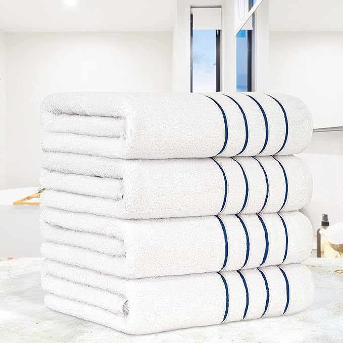 4 Packed White Bath Towel Set, 100% Turkish Cotton Bath Towels, 27x54 inTurkish Bath Towel Set for Bathroom, Oxford Blue