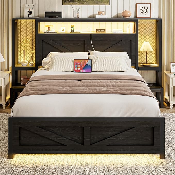Queen Size Rustic Bed Frame with Storage Born Door Headboard and Bedside Storage, Industrial Farmhouse Metal Platform Bed Frame with Charging Station and LED Lights, Black